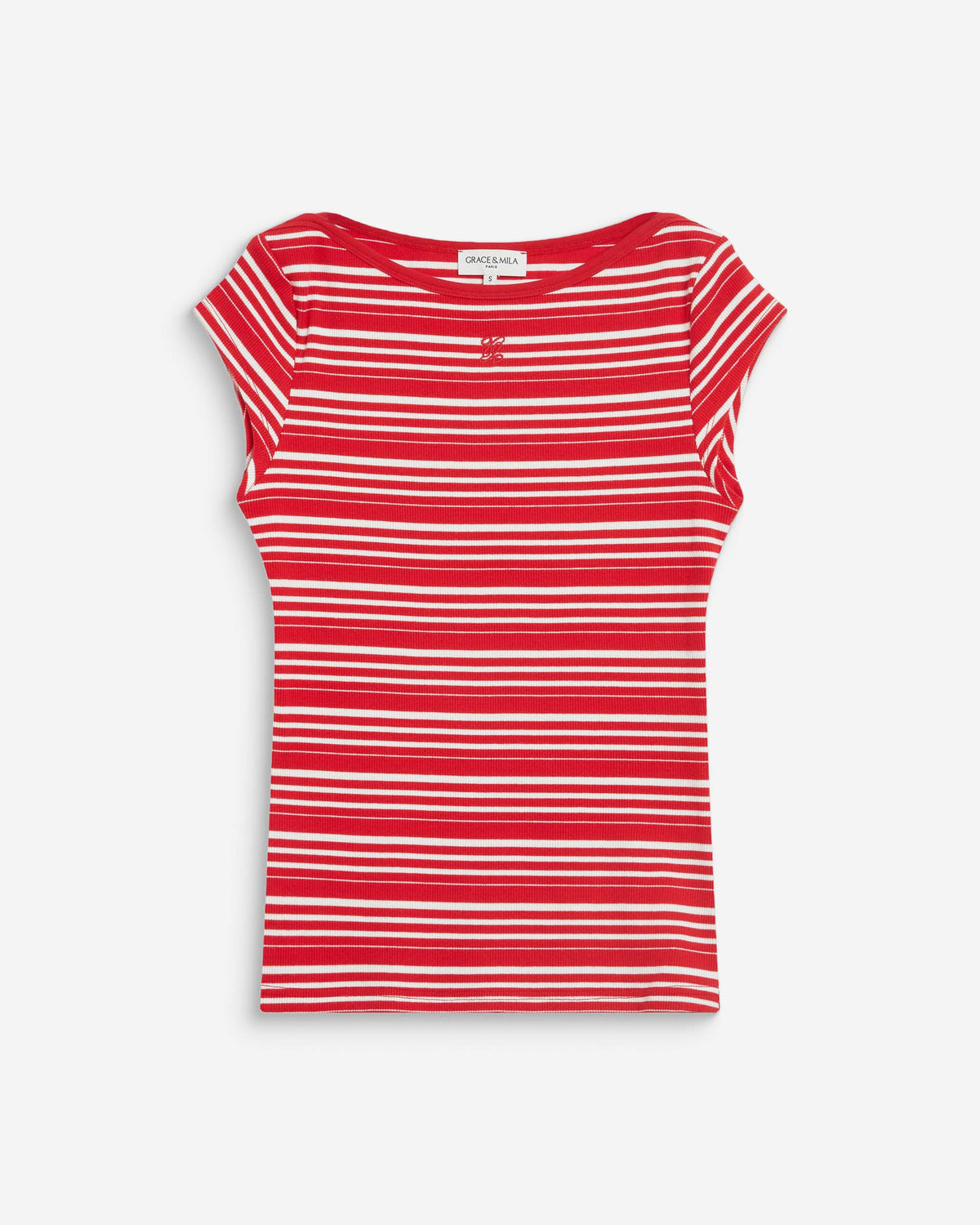 T-shirt col bateau ajusté à rayures rouge Wake