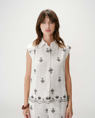 Chemise sans manches à motifs brodés chocolat Wisenna