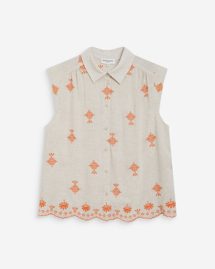 Chemise sans manches à motifs brodés orange Wisenna