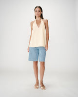 Linen V-neck backless top with tie jaune Wise