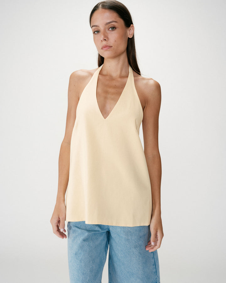 Linen V-neck backless top with tie jaune Wise