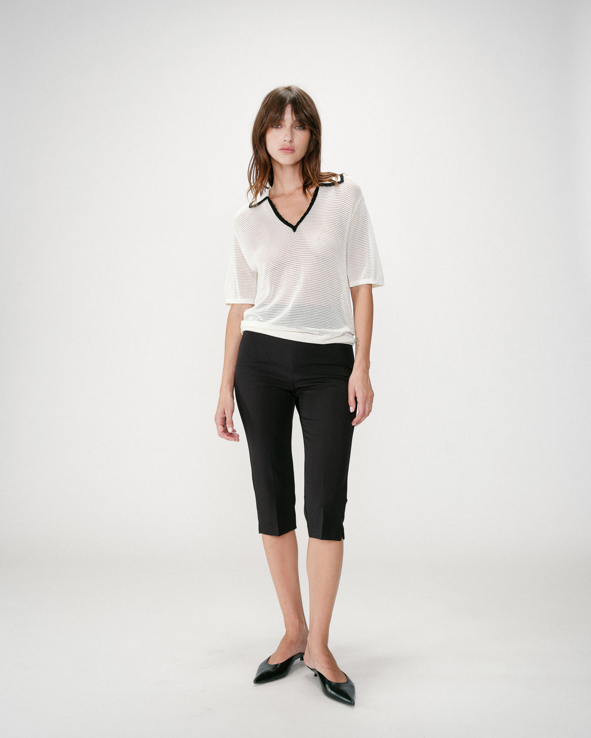 Openwork knit V-neck polo ivoire Wilmot