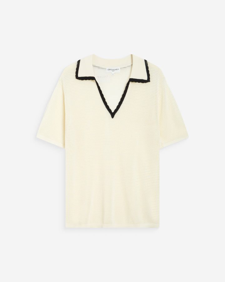 Openwork knit V-neck polo ivoire Wilmot