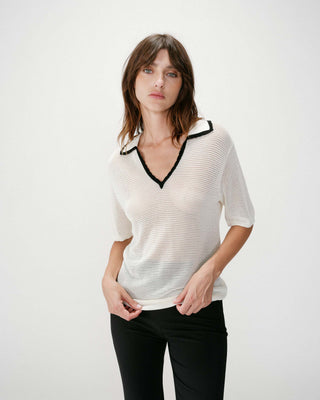 Openwork knit V-neck polo ivoire Wilmot