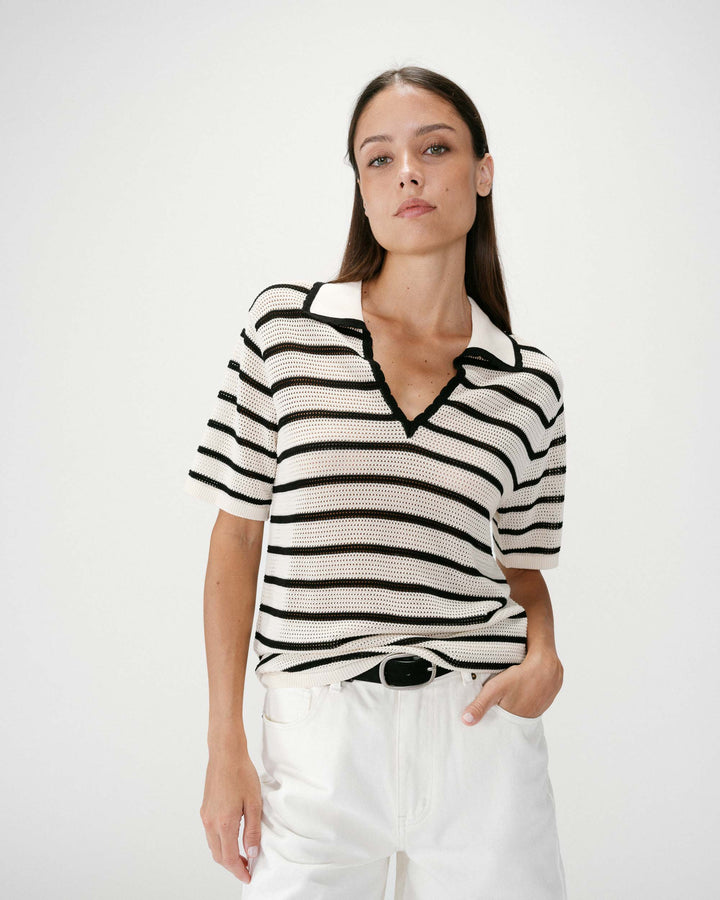 Openwork knit V-neck polo rayure Wilmot