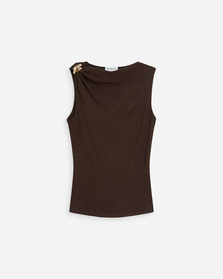 Top drapé asymétrique sans manches chocolat Wagner