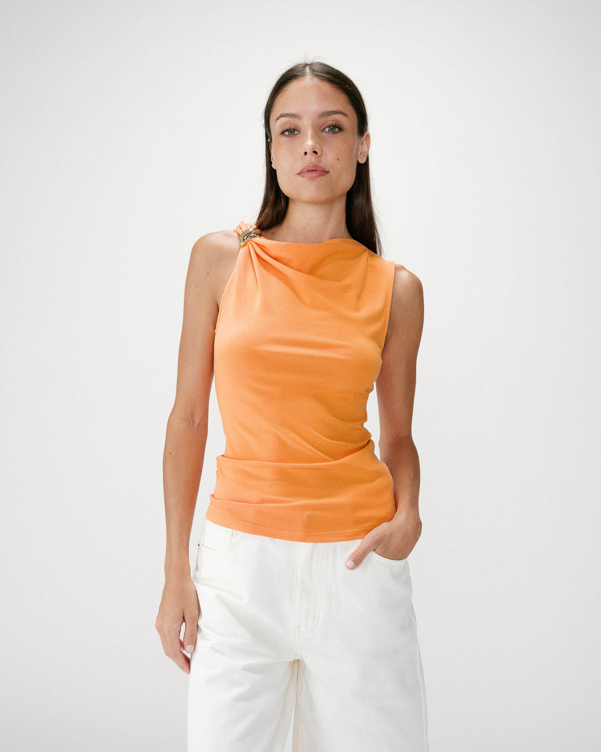 Sleeveless asymmetric draped top orange Wagner