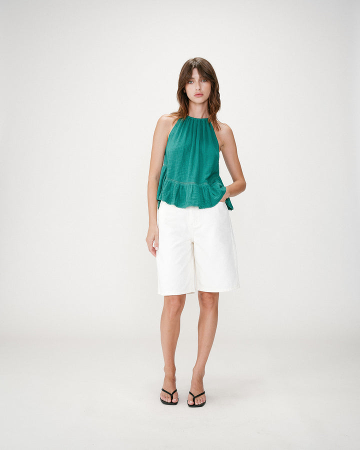 Top sans manches froncées en gaze de coton emeraude Widy