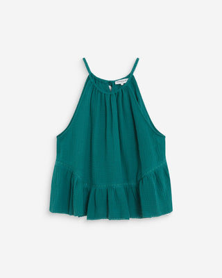 Top sans manches froncées en gaze de coton emeraude Widy