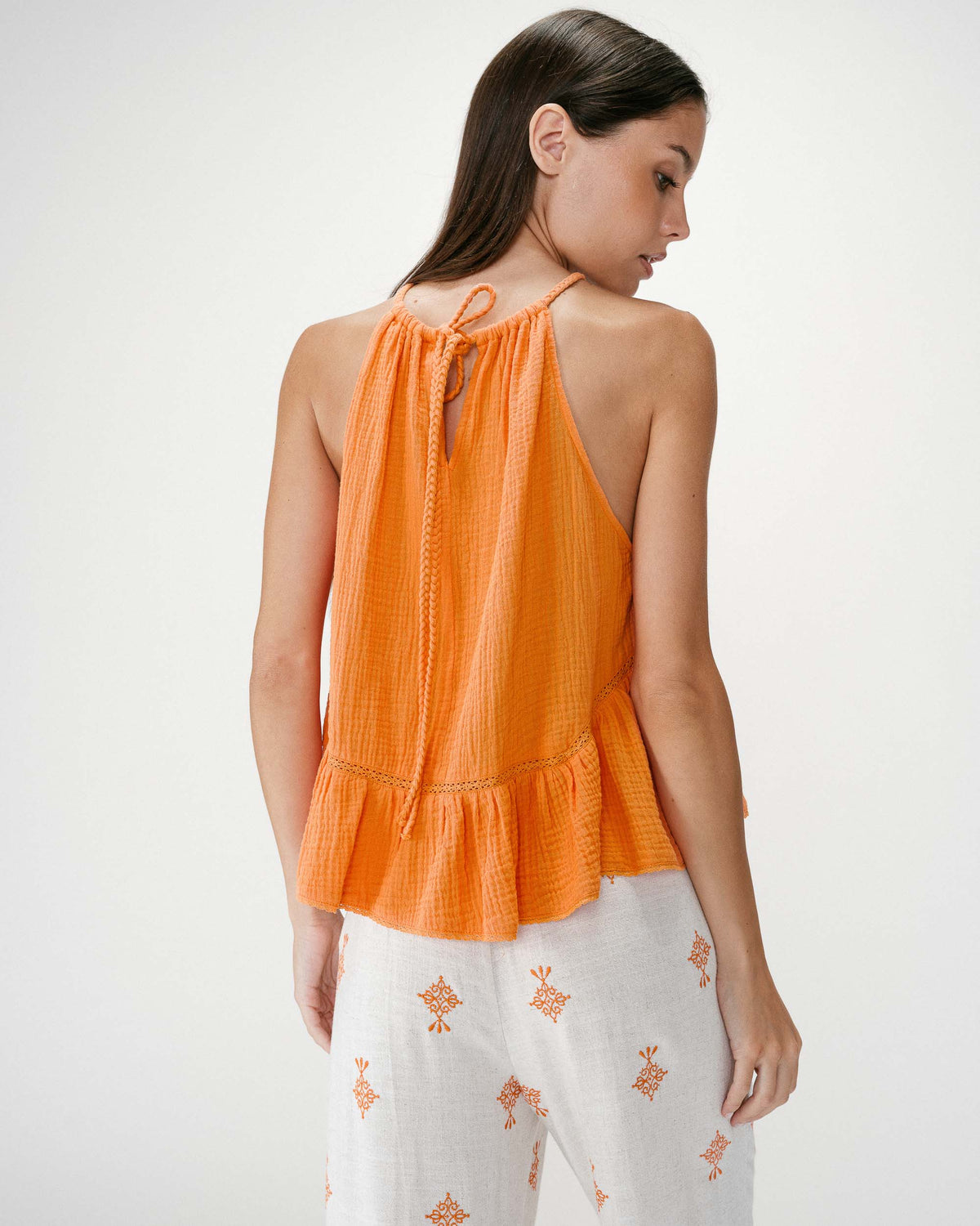 Top sans manches froncées en gaze de coton orange Widy