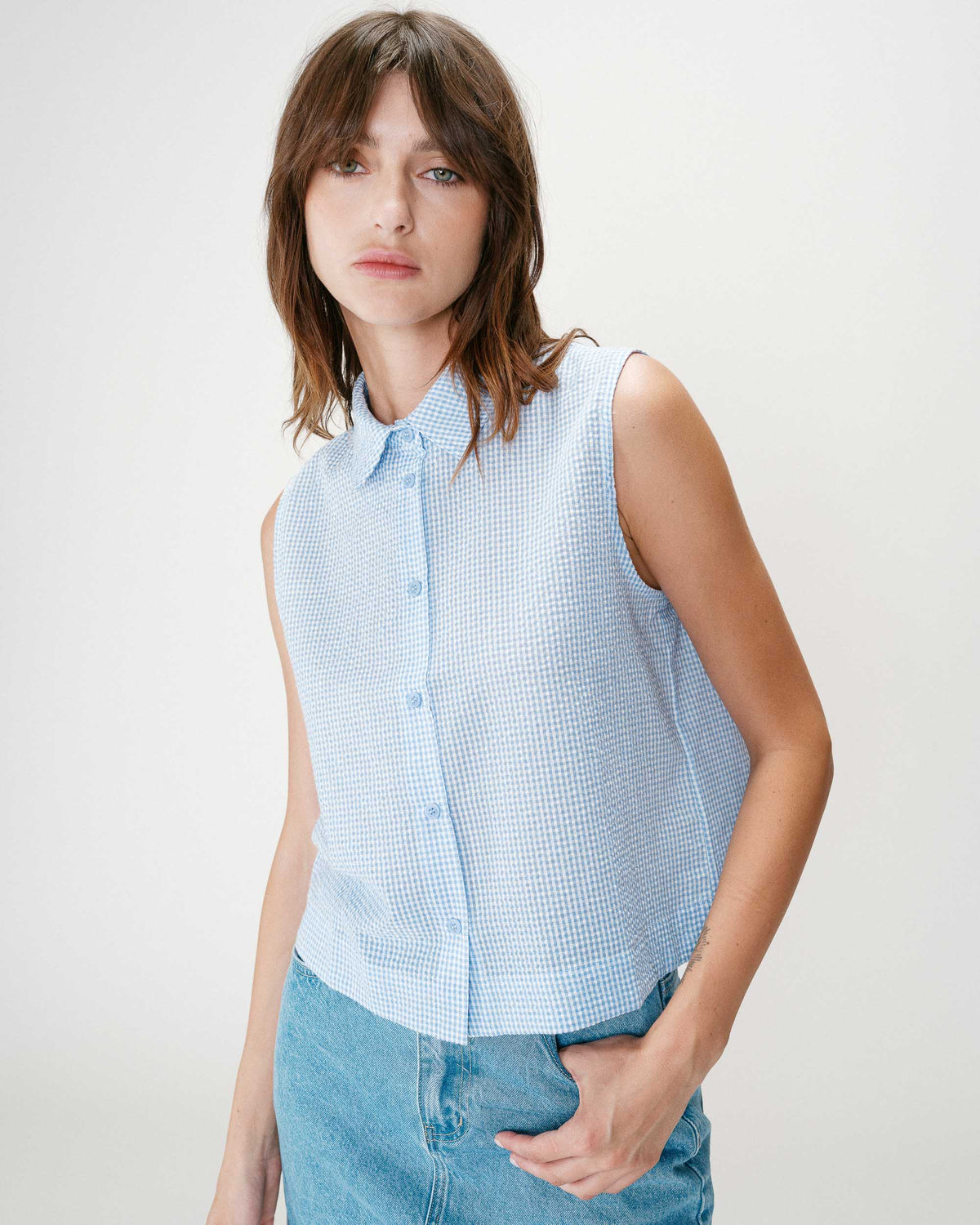 Sleeveless gingham cotton shirt ciel Windell