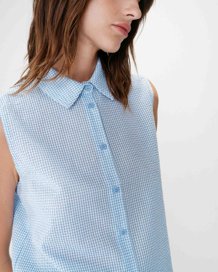 Sleeveless gingham cotton shirt ciel Windell