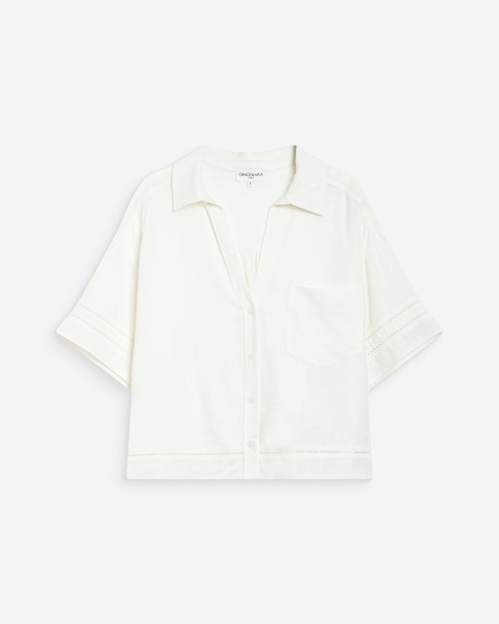Chemise large manches courtes détails dentelle white Winka