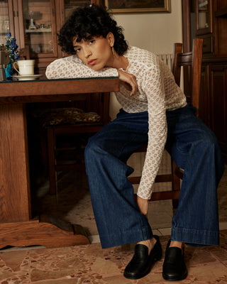 Sheer lace long-sleeve top ivoire Valmy